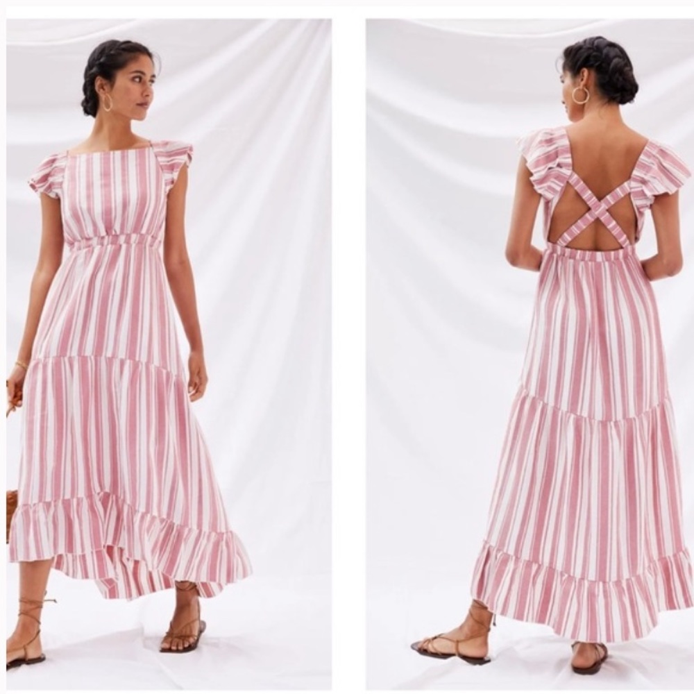 Anthropologie Maeve Striped Backless Tiered Maxi Dress Ruffles NWOT